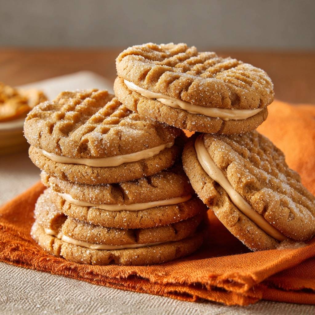 Erdnussbutter Sandwich Kekse Nahaufnahme Stapel 1 Erdnussbutter-Sandwich-Kekse in einer Nahaufnahme, die einen köstlichen Stapel der cremigen, gefüllten Kekse zeigt.