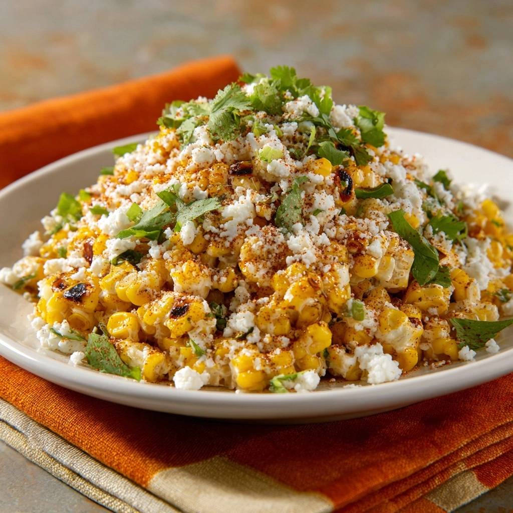 Esquites Knuspriger Mexikanischer Mais Salat Draufsicht 1 Esquites, knuspriger mexikanischer Mais-Salat, in einer appetitlichen Draufsicht serviert. Der Mais ist üppig mit Käse, Koriander und Gewürzen garniert.