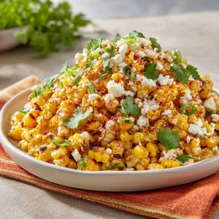 Esquites, ein knuspriger mexikanischer Mais-Salat, serviert in einer Schüssel, garniert mit frischem Koriander, Käse und Paprika.