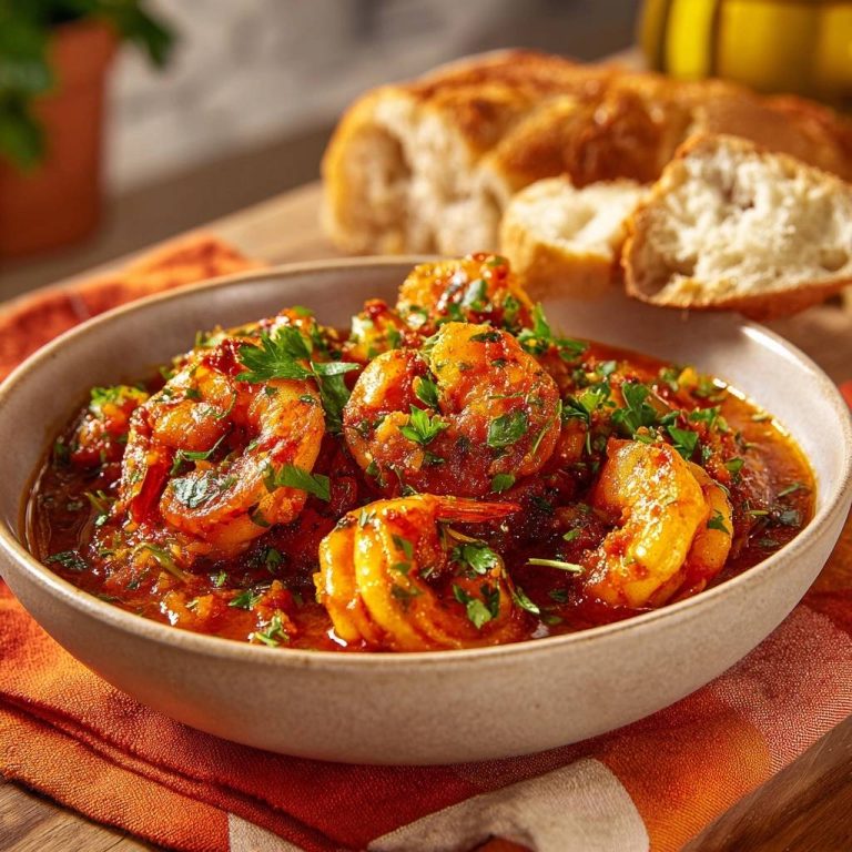 Feurige Garnelen in Tomaten-Chili-Soße in Nahaufnahme, garniert mit frischer Petersilie und serviert mit knusprigem Brot.