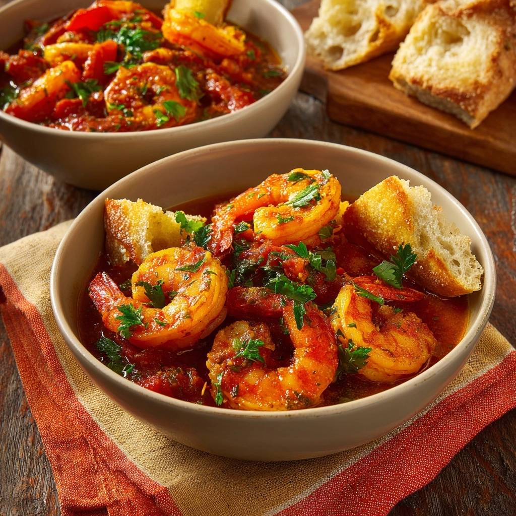 Feurige Garnelen In Tomaten Chili Soe Serviert 1 Feurige Garnelen in Tomaten-Chili-Soße serviert in Schüsseln, garniert mit frischer Petersilie und serviert mit geröstetem Brot.