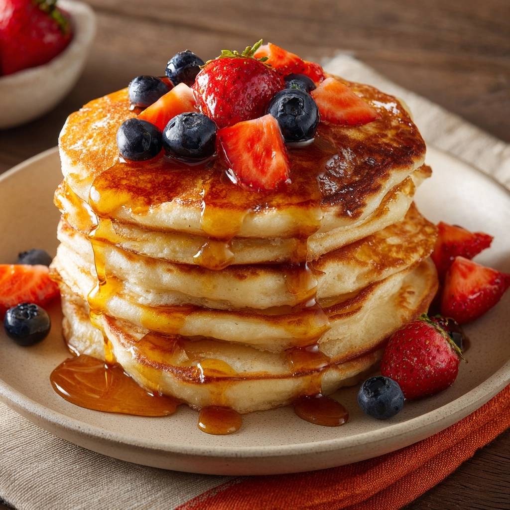 Fluffige Beeren Pfannkuchen Serviert 1 Fluffige Beeren-Pfannkuchen serviert auf einem hellen Teller, garniert mit frischen Blaubeeren und Erdbeeren, übergossen mit Ahornsirup.
