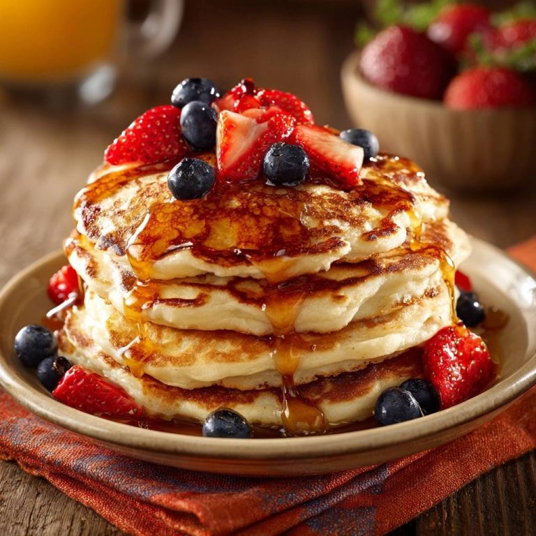Fluffige Beeren-Pfannkuchen, serviert auf einem Teller und mit Ahornsirup beträufelt, garniert mit frischen Beeren.
