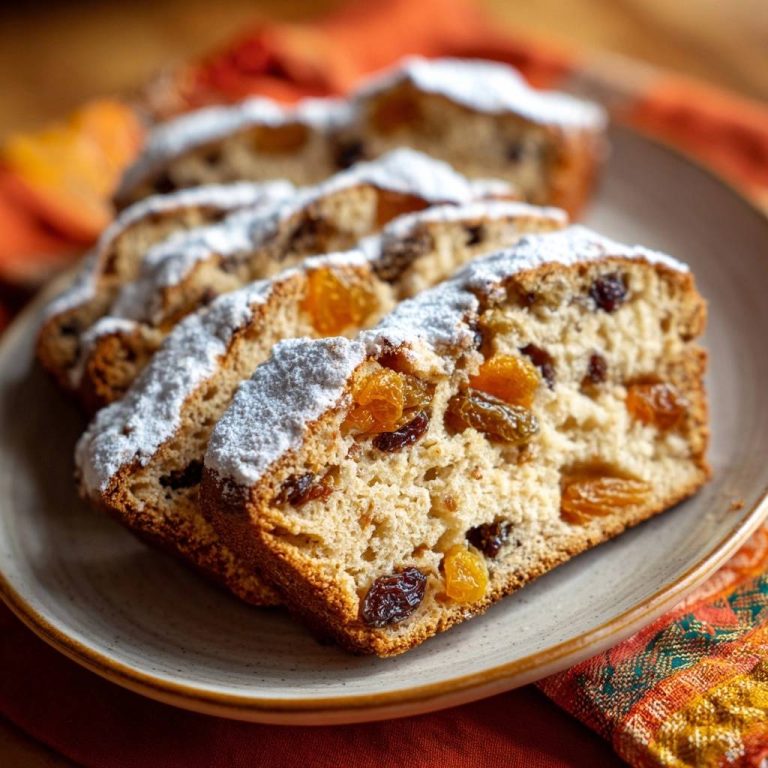 Fluffiges Aprikosen-Rosinen-Brot mit saftigen Rosinen und Aprikosen, die in einer köstlichen, geschnittenen Scheibe zu sehen sind.