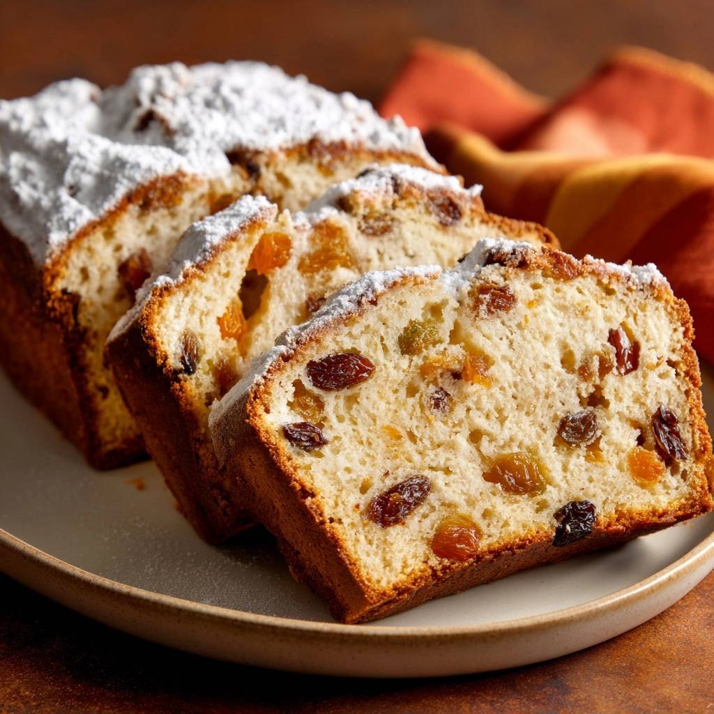 Fluffiges Aprikosen Rosinen Brot Querschnitt Nahaufnahme 1 Fluffiges Aprikosen-Rosinen-Brot im Nahaufnahme-Querschnitt, der die fruchtige Innenansicht des saftigen Kuchens mit Rosinen und Aprikosen zeigt.