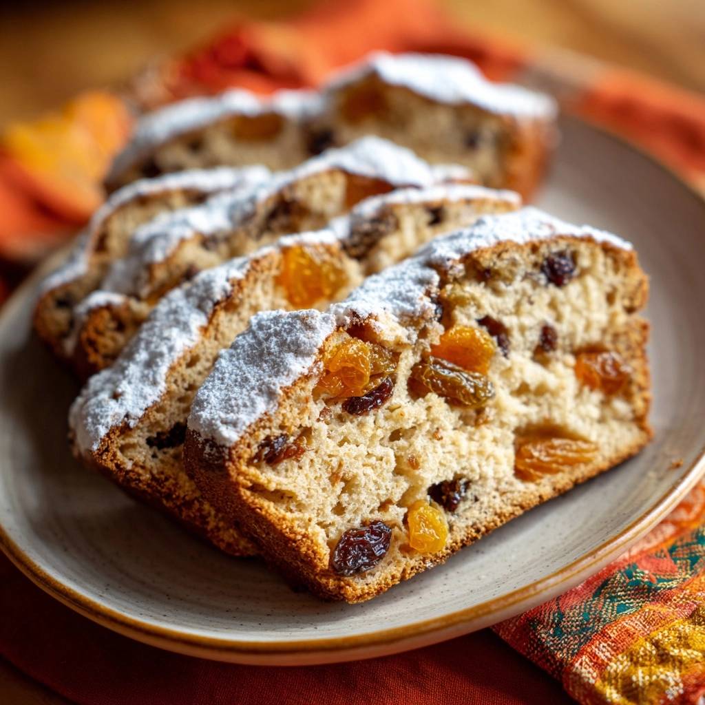 Fluffiges Aprikosen-Rosinen-Brot mit saftigen Rosinen und Aprikosen, die in einer köstlichen, geschnittenen Scheibe zu sehen sind.