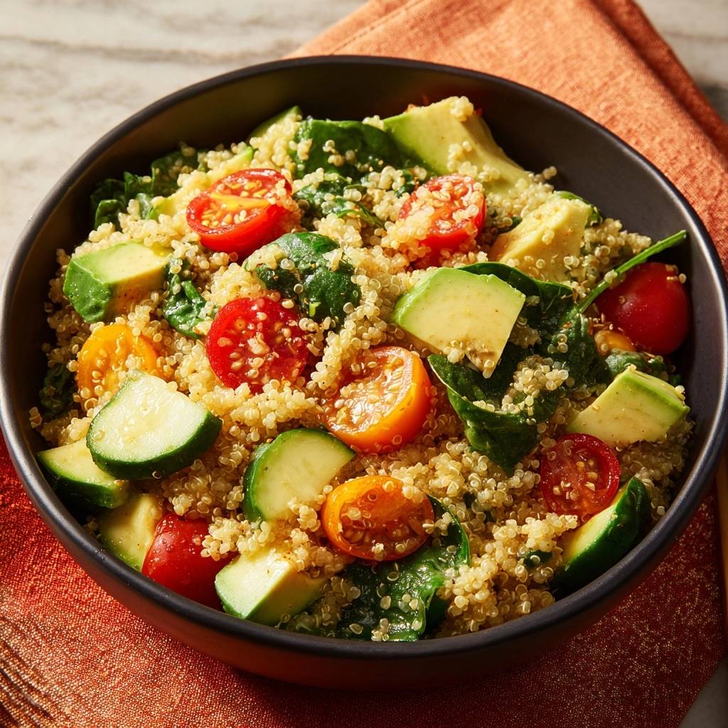 Frischer Quinoa Avocado Salat Draufsicht 1 Frischer Quinoa-Avocado-Salat in einer schwarzen Schüssel, serviert mit Tomaten, Avocado und Gurke, von oben betrachtet.
