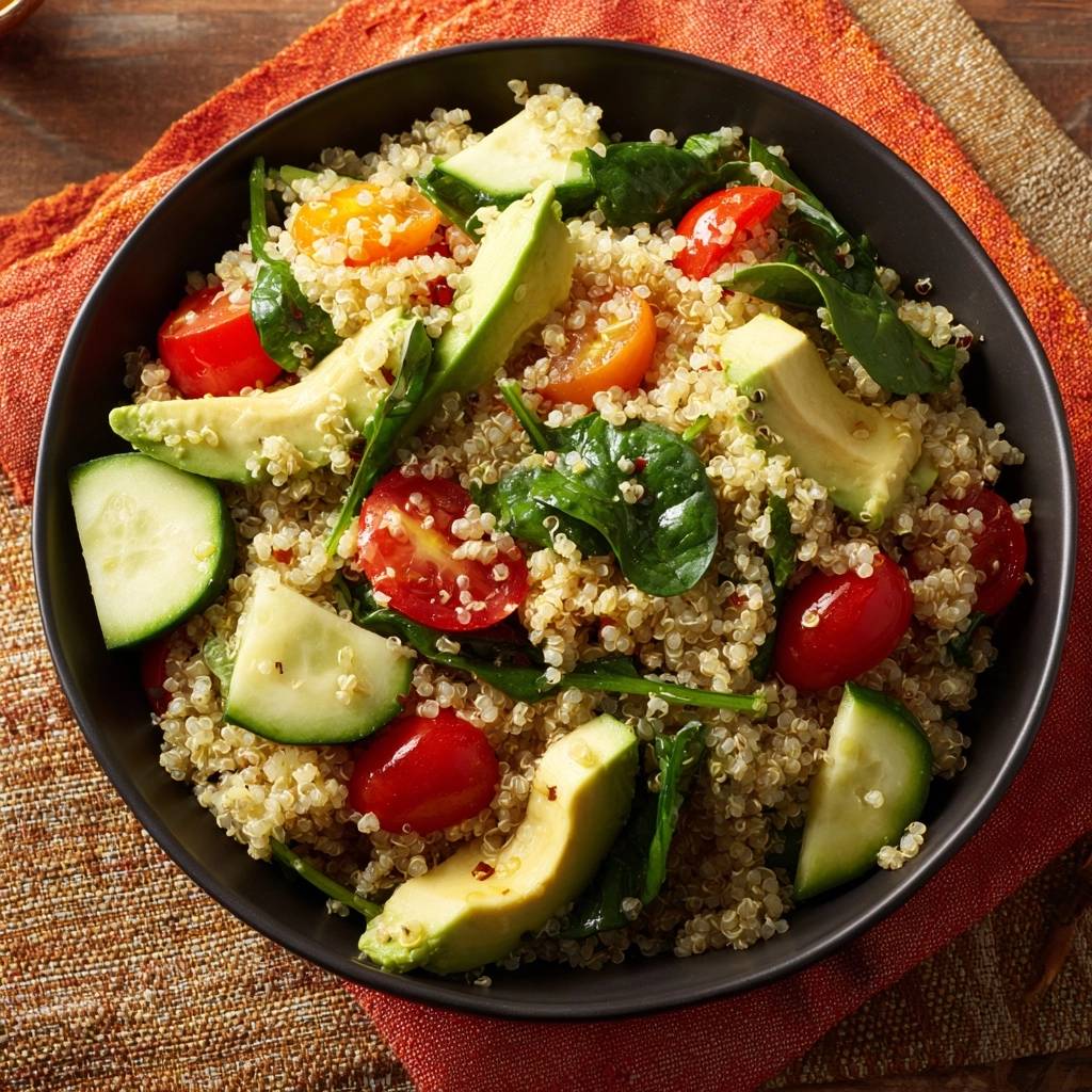 Frischer Quinoa-Avocado-Salat in einer dunklen Schüssel, von oben betrachtet, mit Avocado, Tomaten und Gurke angerichtet.