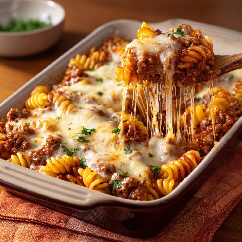 Fusilli Hackfleisch Auflauf Kaese Faden Nahaufnahme 1 Fusilli-Hackfleisch-Auflauf mit schmelzendem Käse, der sich beim Abheben vom Auflauf in langen Fäden zieht. Ein Genuss!