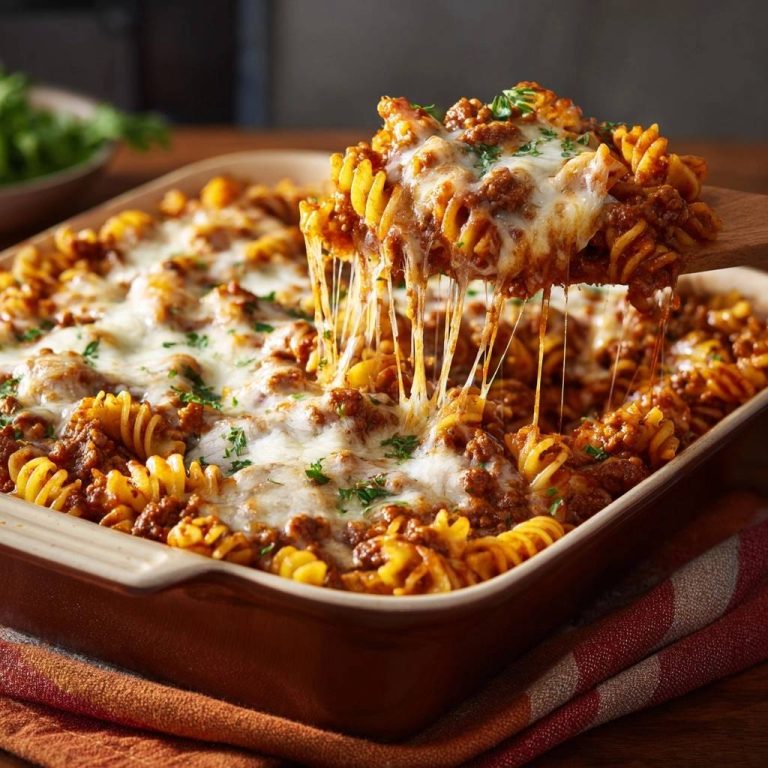 Fusilli-Hackfleisch-Auflauf mit geschmolzenem Käse, der lange Fäden zieht, serviert in einer Auflaufform, bereit zum Genießen.