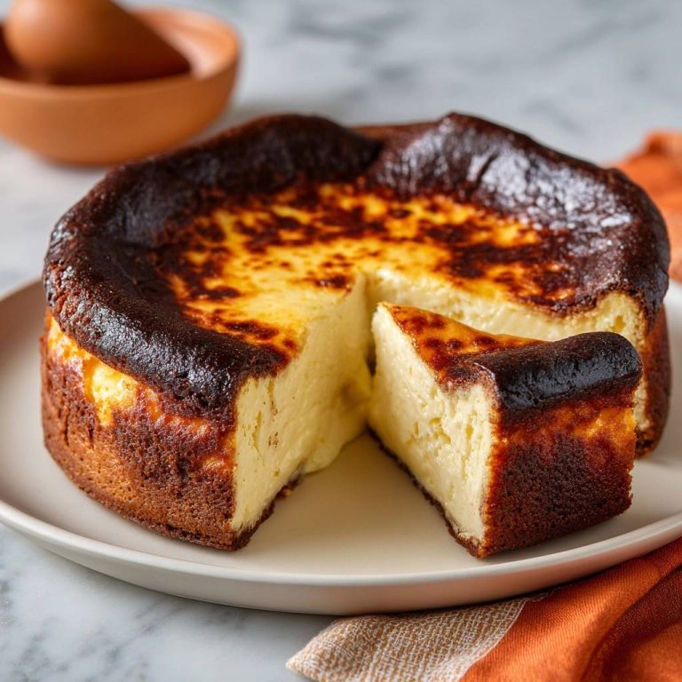 Gebrannter Baskischer Käsekuchen in Nahaufnahme mit angeschnittenem Stück, das die cremige Innenansicht des Kuchens zeigt.
