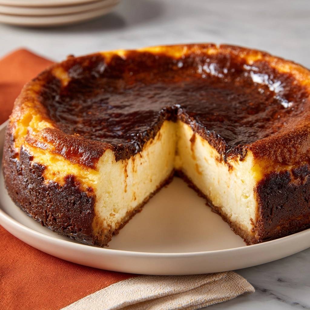 Gebrannter Baskischer Kasekuchen Querschnitt Nahaufnahme 1 Gebrannter Baskischer Käsekuchen in Nahaufnahme, mit einem saftigen Querschnitt, der die cremige Textur zeigt und zum Genießen einlädt.
