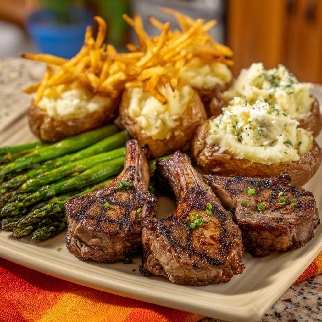 Gegrilltes Lammkotelett Mit Spargel Serviert 1 Gegrilltes Lammkotelett mit Spargel, Blue-Cheese-Kartoffeln und Pommes, serviert auf einem hellen Teller, bereit zum Genießen.
