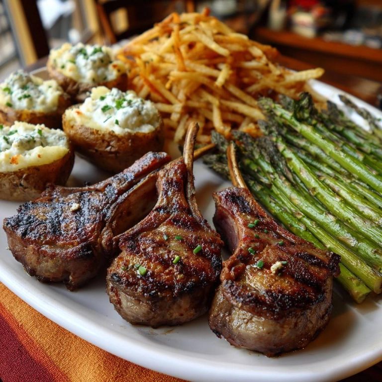 Gegrilltes Lammkotelett mit Spargel, Blue-Cheese-Kartoffeln und Pommes, serviert auf einem weißen Teller, angerichtet mit frischen Kräutern.