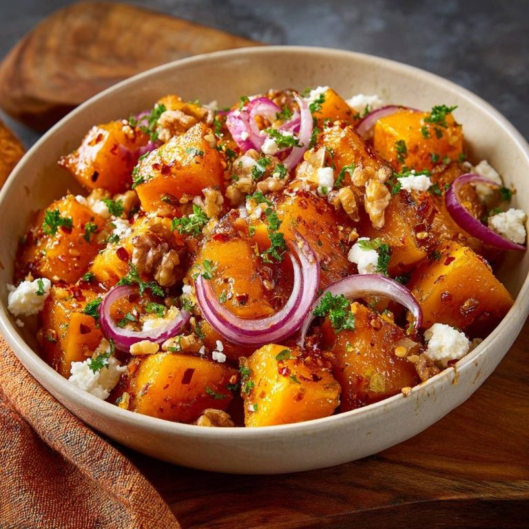 Gerösteter Kürbis mit Feta, Walnüssen & Zwiebeln in einer Schüssel, serviert als köstliche Draufsicht mit frischen Kräutern und Zwiebelringen.