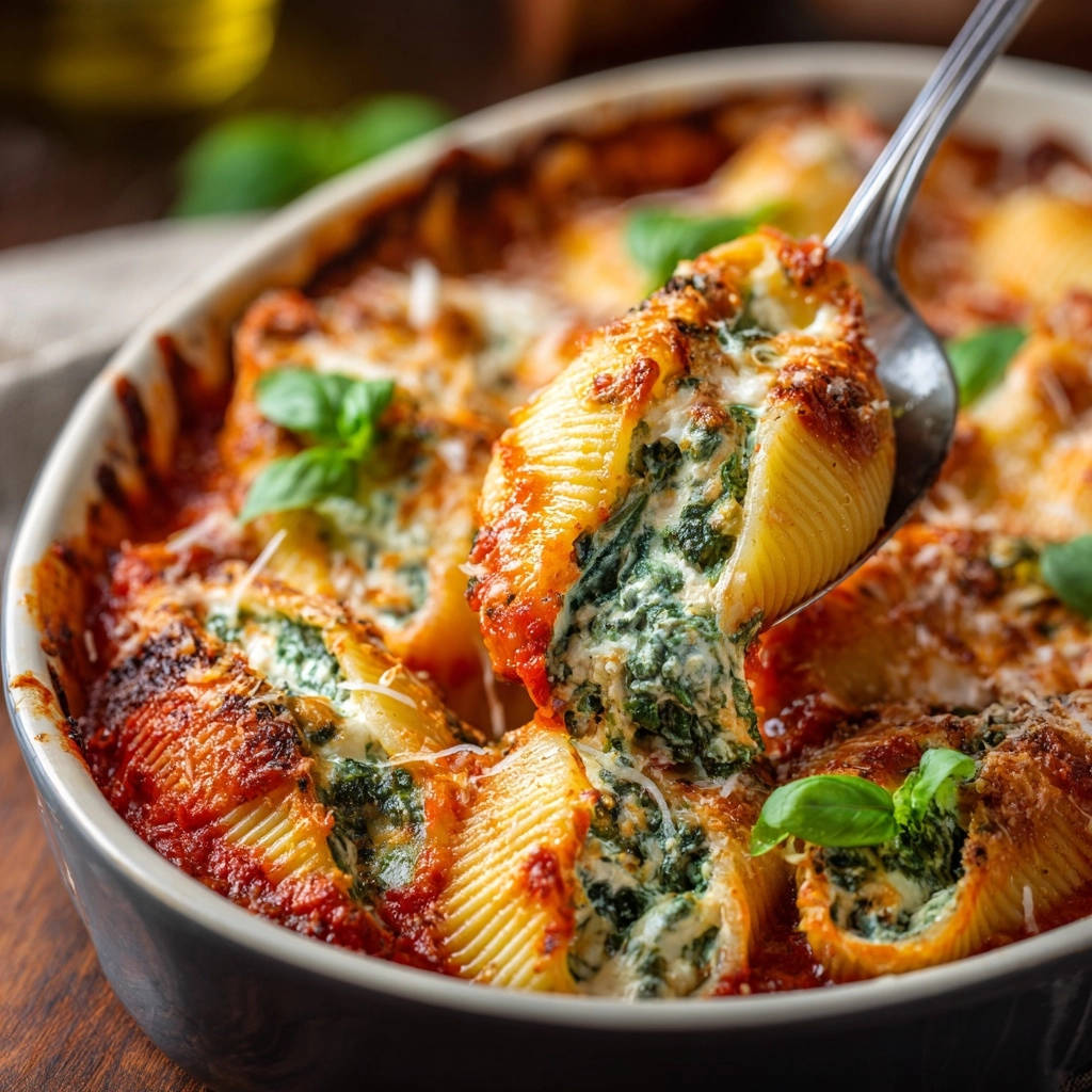 Gigantische Gefuellte Muschelpasta Querschnitt Nahaufnahme 1 Gigantische gefüllte Muschelpasta zeigt einen Nahaufnahme-Querschnitt, der die saftige Füllung und den perfekten Bissen offenbart.