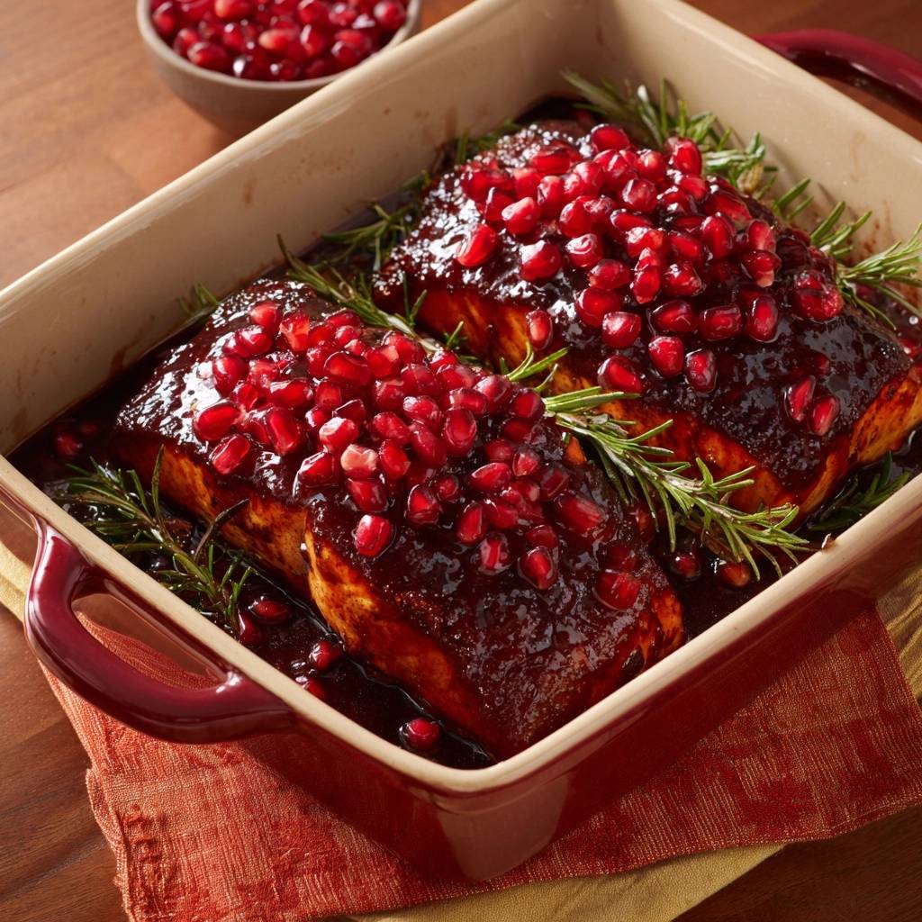 Granatapfel Rosmarin Lachs Draufsicht Serviert 1 Granatapfel-Rosmarin-Lachs, serviert in einer Auflaufform, garniert mit frischem Rosmarin und Granatapfelkernen, von oben betrachtet.