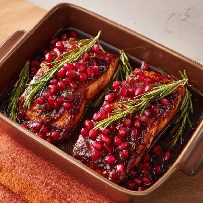 Granatapfel-Rosmarin-Lachs im Backofen zubereitet, garniert mit frischen Rosmarinzweigen und Granatapfelkernen in einer Auflaufform. Das saftige Gericht ist fertig zum Servieren.