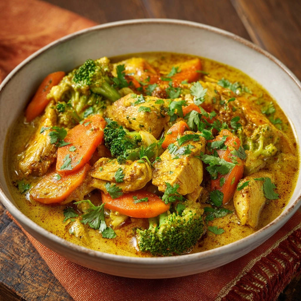 Haehnchen Brokkoli Karotten Curry Nahaufnahme 1 Hähnchen-Brokkoli-Karotten-Curry in Nahaufnahme, garniert mit frischer Petersilie, präsentiert in einer rustikalen Schüssel. Das cremige Curry umschließt saftiges Hähnchen und Gemüse.