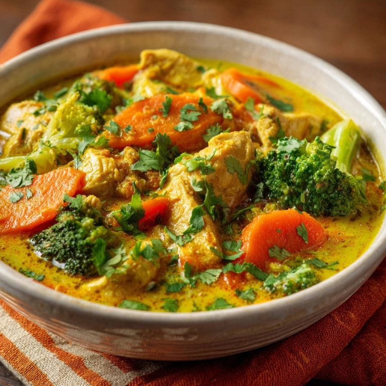Hähnchen-Brokkoli-Karotten-Curry in Nahaufnahme, garniert mit frischer Petersilie, präsentiert in einer rustikalen Schüssel. Die leuchtenden Farben machen Appetit.