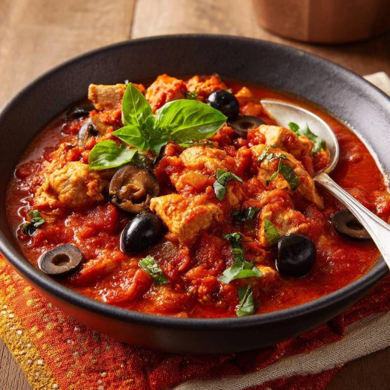 Hähnchen-Tomaten-Eintopf mit Oliven und Pilzen, serviert in einer schwarzen Schüssel, mit frischen Basilikumblättern garniert.
