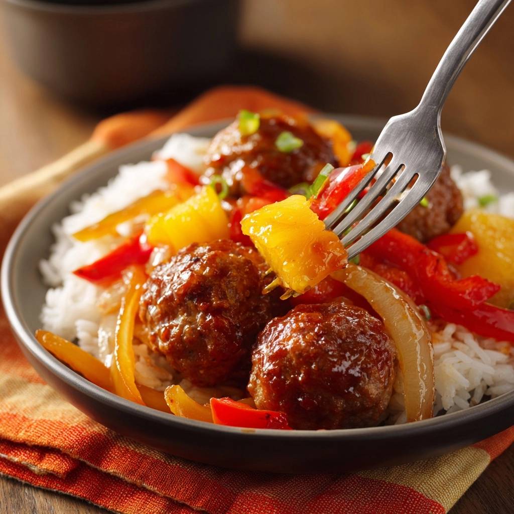 Hawaii Ananas Fleischbaellchen Mit Paprika Auf Reis Gabel De 1 Hawaii-Ananas-Fleischbällchen mit Paprika auf Reis, serviert in einer Schüssel, mit einer Gabel, die ein Stück Ananas aufspießt.