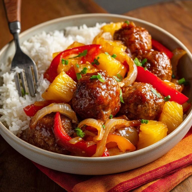 Hawaii-Ananas-Fleischbällchen mit Paprika auf Reis, serviert in einer Schüssel mit viel Sauce und frischen Zutaten, die auf einem Holztisch stehen.