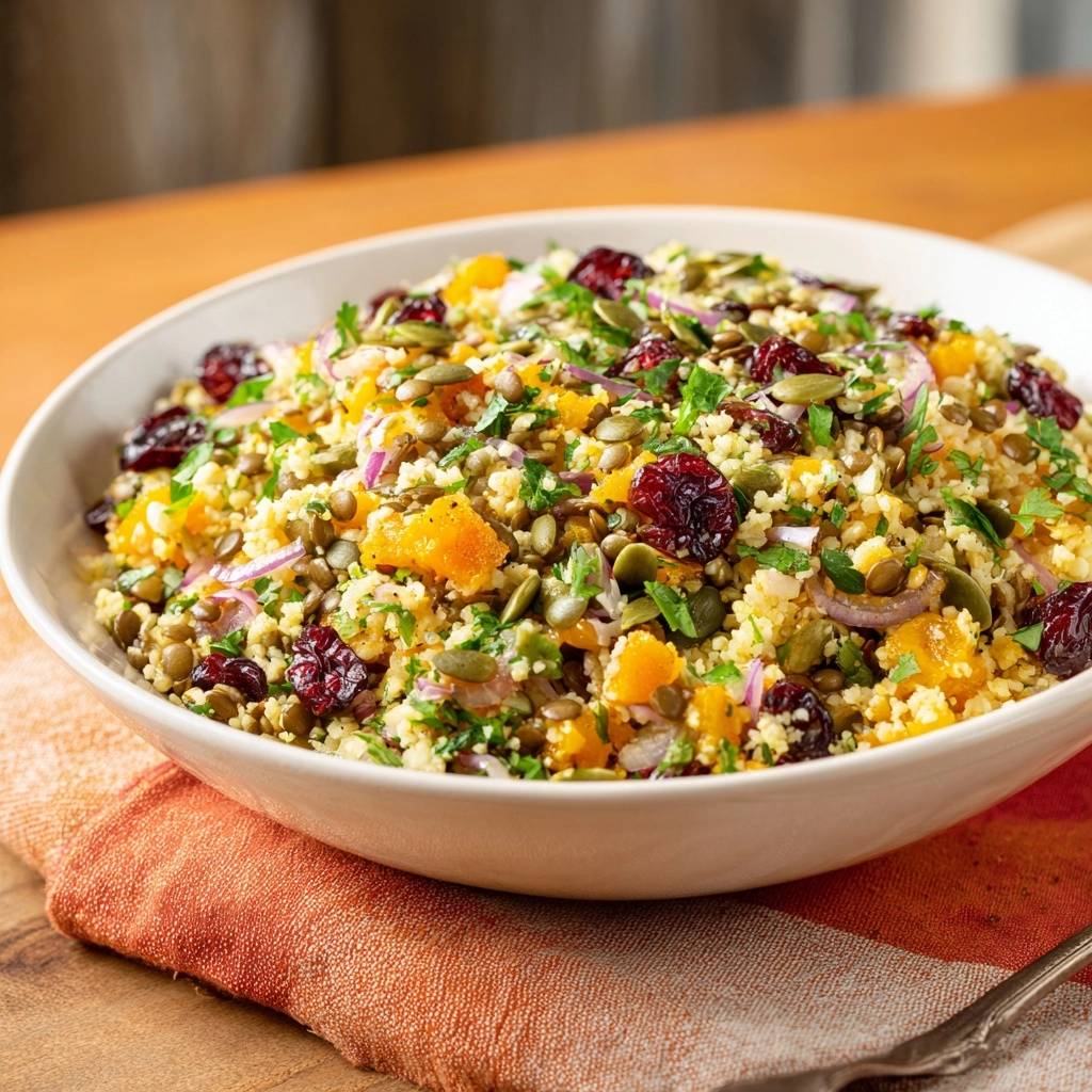 Herbstlicher Linsen Couscous Salat Mit Cranberries Draufsich 1 Herbstlicher Linsen-Couscous-Salat mit Cranberries in einer Schüssel, serviert mit getrockneten Cranberries, Kürbiskernen und frischer Petersilie.