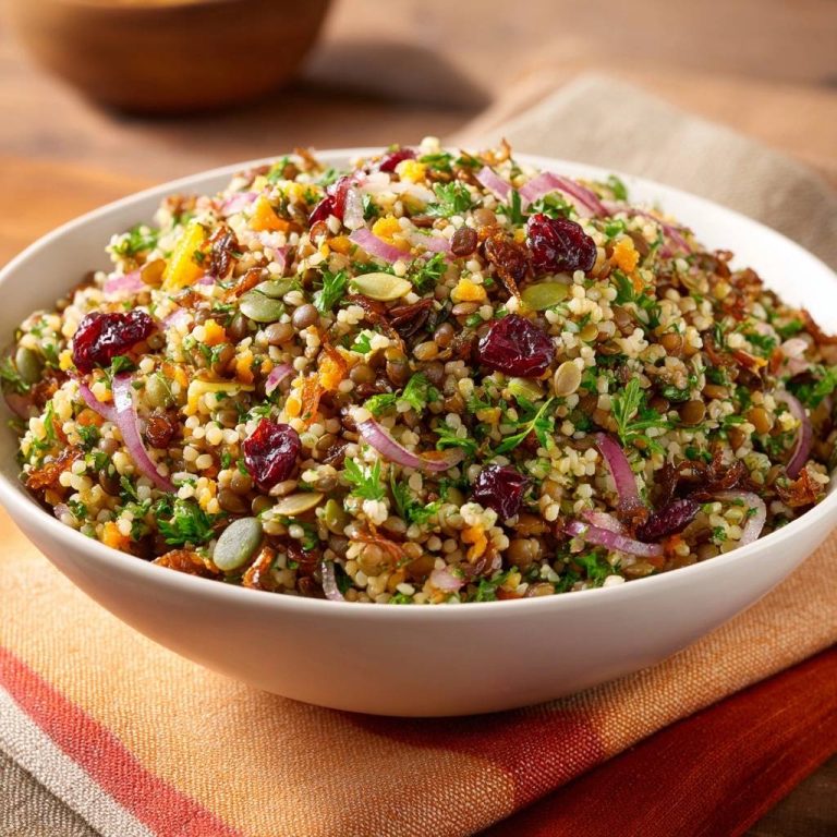 Herbstlicher Linsen-Couscous-Salat mit Cranberries in einer weißen Schüssel von oben gesehen, mit roten Zwiebeln, Kürbiskernen und Cranberries.