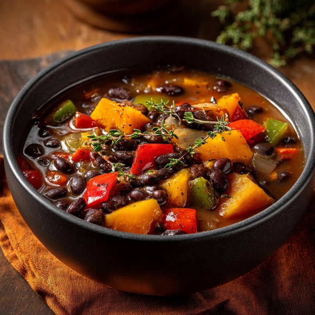 Herbstliches Kuerbis Bohnen Chili Serviert 1 Herbstliches Kürbis-Bohnen-Chili serviert in einer schwarzen Schüssel, garniert mit frischen Kräutern, bereit zum Genießen. Der Eintopf ist dampfend heiß.