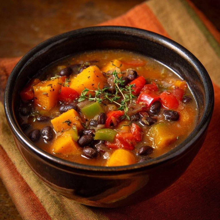 Herbstliches Kürbis-Bohnen-Chili serviert in einer dunklen Schüssel, garniert mit frischen Kräutern, bereit zum Genießen. Der Eintopf ist voller Gemüse.