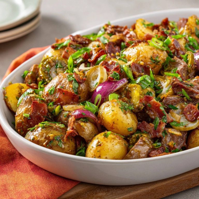 Herzhafte Kartoffelpfanne mit Rind und knusprigem Bacon, serviert in einer weißen Auflaufform, mit frischen Kräutern garniert und von oben fotografiert.