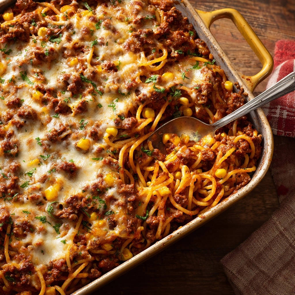 Herzhafter Spaghetti Auflauf Nahaufnahme Mit Loeffel 1 Herzhafter Spaghetti-Auflauf in der Nahaufnahme, serviert in einer Auflaufform, mit einem Löffel zum Herausnehmen.