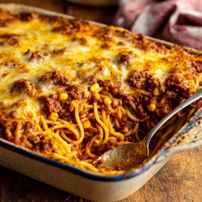 Herzhafter Spaghetti-Auflauf in Nahaufnahme mit einem Löffel serviert, der einen Blick auf die saftigen Nudeln und die cremige Käseschicht freigibt.
