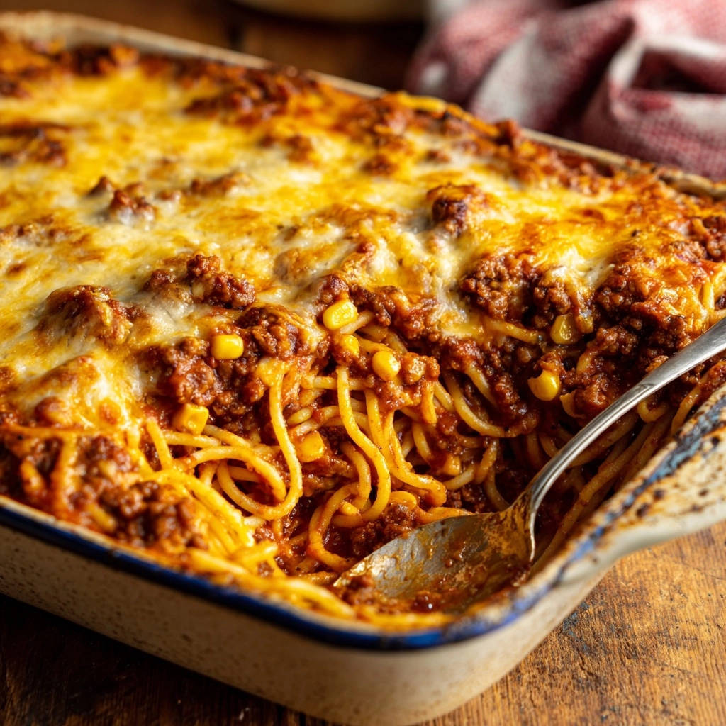 Herzhafter Spaghetti-Auflauf in Nahaufnahme mit einem Löffel serviert, der einen Blick auf die saftigen Nudeln und die cremige Käseschicht freigibt.