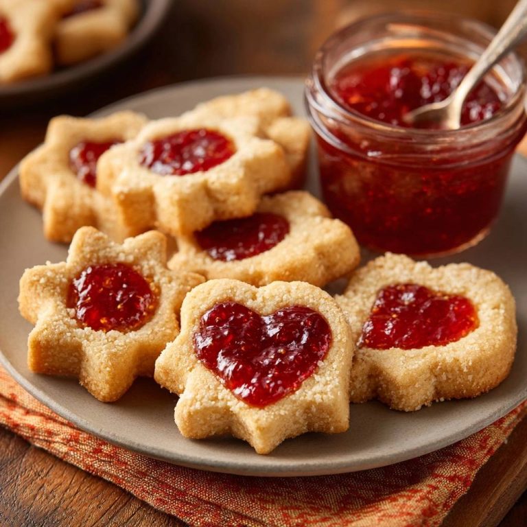 Himbeer-Linzer-Plätzchen in Nahaufnahme mit roter Marmelade in Herzform. Eine Auswahl an liebevoll gebackenen Keksen, serviert auf einem Teller.