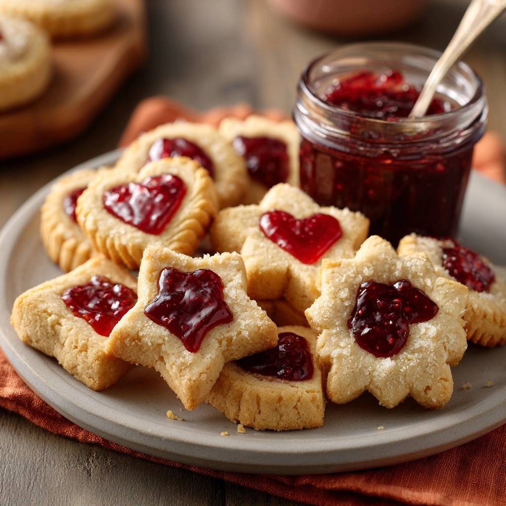 Himbeer Linzer Plaetzchen Nahaufnahme Mit Marmelade 1 Himbeer-Linzer-Plätzchen in Nahaufnahme, gefüllt mit glänzender Himbeermarmelade, serviert auf einem grauen Teller neben einem Marmeladenglas.