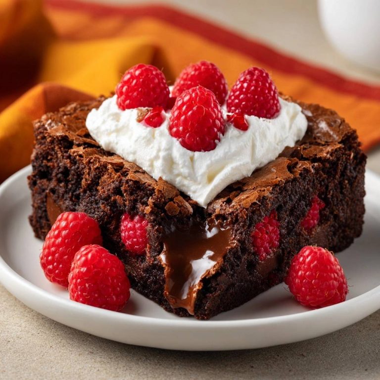 Himbeer-Schoko-Fudgy-Brownie in Nahaufnahme serviert, zeigt einen Anschnitt mit flüssigem Schokoladenkern und frischen Himbeeren.