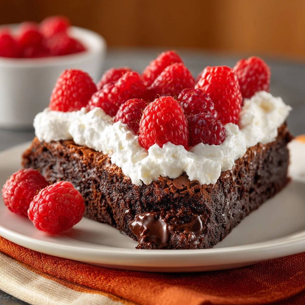 Himbeer Schoko Fudgy Brownie Serviert 1 Himbeer-Schoko-Fudgy-Brownie serviert auf einem weißen Teller, garniert mit frischen Himbeeren und Sahne. Ein verführerischer Schokoladenkuchen mit Beeren.