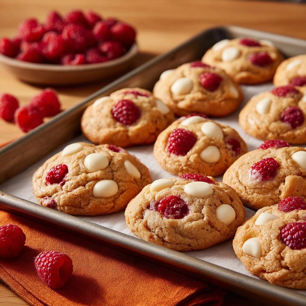 Himbeer Weisse Schokoladen Cookies Nahaufnahme 1 Himbeer-Weiße-Schokoladen-Cookies in Nahaufnahme auf einem Backblech, dekoriert mit frischen Himbeeren und weißer Schokolade.