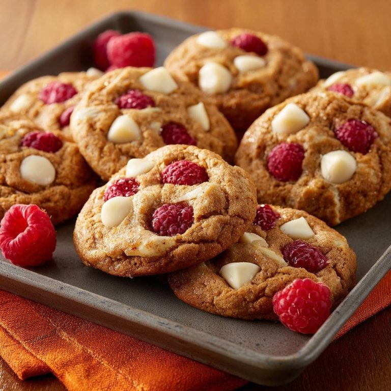 Himbeer-Weiße-Schokoladen-Cookies in Nahaufnahme auf einem Tablett arrangiert, mit frischen Himbeeren und weißen Schokoladenstückchen.