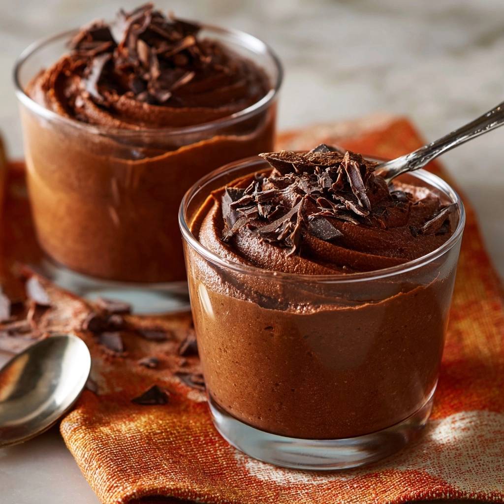 Himmlische Schokoladenmousse Nahaufnahme Serviert 1 Himmlische Schokoladenmousse in Gläsern serviert, garniert mit Schokoladenraspeln. Eine köstliche Nahaufnahme des cremigen Desserts.