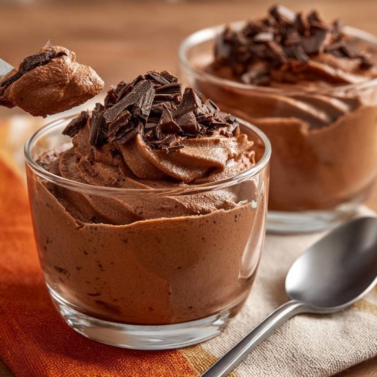 Himmlische Schokoladenmousse in Gläsern serviert, mit Schokoladenraspeln garniert, zeigt die cremige Textur. Ein unwiderstehlicher Genuss für Schokoladenliebhaber.