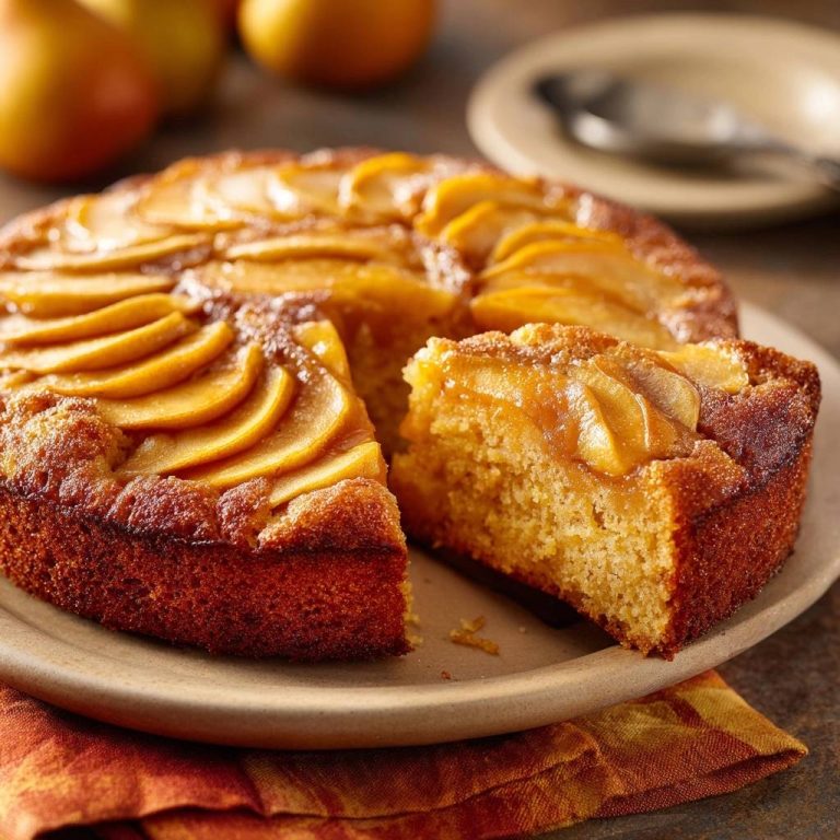 Karamellisierter Birnenkuchen, mit einem Anschnitt, zeigt die saftige Textur und die karamellisierten Birnenscheiben. Ein köstlicher Kuchen für jede Gelegenheit.