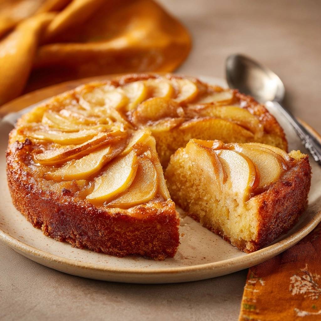 Karamellisierter Birnenkuchen Querschnitt Serviert 1 Karamellisierter Birnenkuchen, serviert und angeschnitten, zeigt einen saftigen Teig und die karamellisierten Birnenscheiben. Ein köstliches Dessert für jede Gelegenheit.