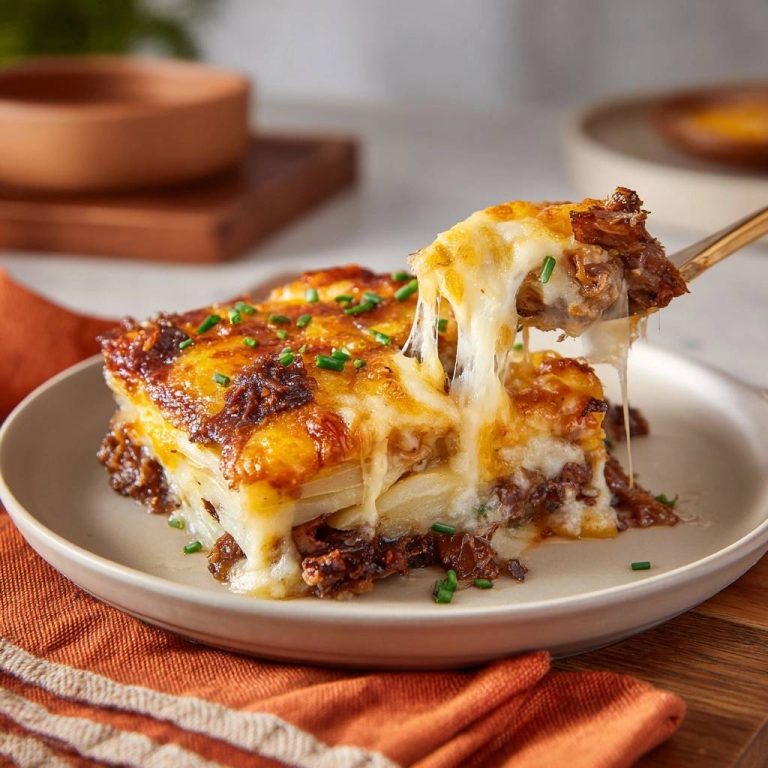 Käseüberzogener Rind-Kartoffel-Auflauf mit einem Nahaufnahme-Querschnitt, der die geschmolzene Käseschicht und das Innere des Auflaufs zeigt.