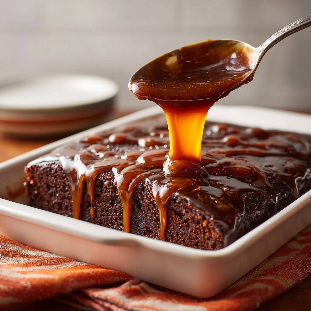 Klebriger Dattel Toffee Pudding Karamell Tropft 1 Klebriger Dattel-Toffee-Pudding wird gerade mit köstlichem Karamell übergossen, das verführerisch von einem Löffel tropft.