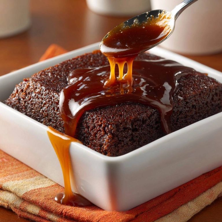 Klebriger Dattel-Toffee-Pudding mit fließender Karamellsauce, die von einem Löffel über den saftigen Kuchen gegossen wird.