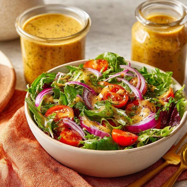 Knackiger Salat mit Tomaten, roten Zwiebeln & Mohn-Dressing in einer Schüssel, serviert mit Dressing in Gläsern. Eine köstliche und gesunde Mahlzeit.