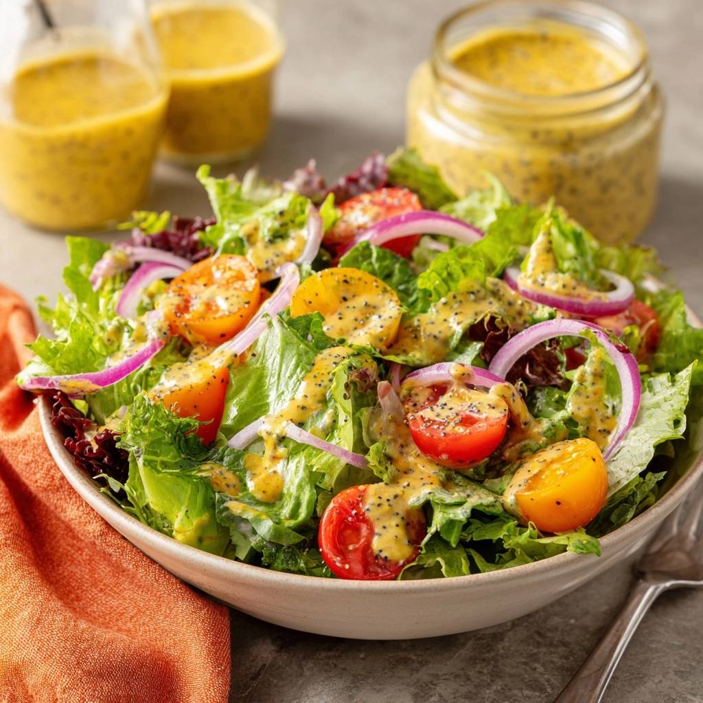 Knackiger Salat Mit Tomaten Zwiebeln Mohn Dressing Serviert 1 Knackiger Salat mit Tomaten, roten Zwiebeln & Mohn-Dressing serviert in einer Schüssel, mit Dressing beträufelt, bereit zum Genuss.
